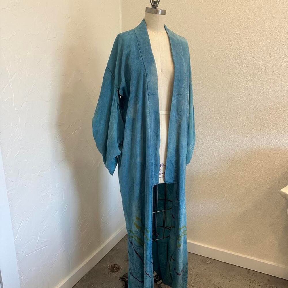 Vintage Hand-Painted Blue Silk Kimono Duster Robe, Boho Festival Art Wear